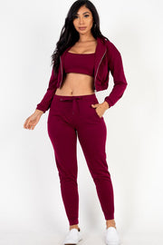 Capella Burgundy / S Cropped Cami with Zip-up Jacket and Joggers Set