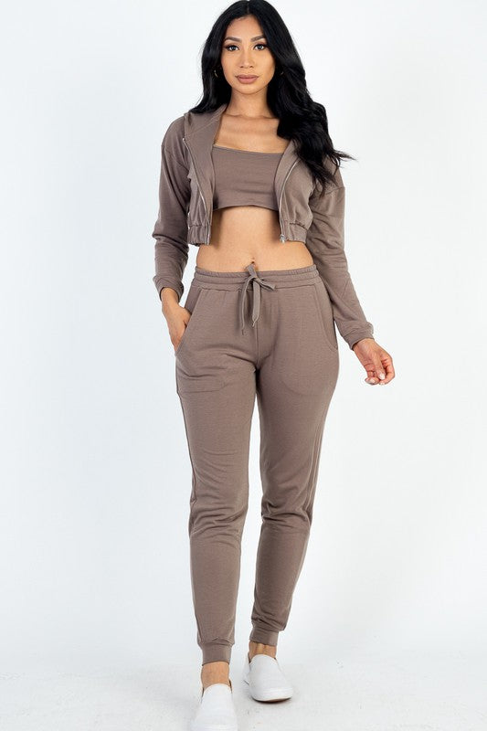 Capella Cropped Cami with Zip-up Jacket and Joggers Set