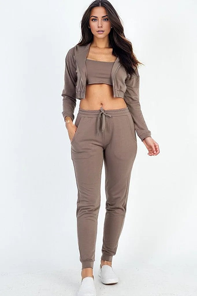 Taupe / S Cropped Cami with Zip-up Jacket and Joggers Set