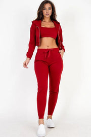 Rust / S Cropped Cami with Zip-up Jacket and Joggers Set