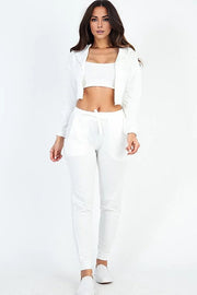 White / S Cropped Cami with Zip-up Jacket and Joggers Set