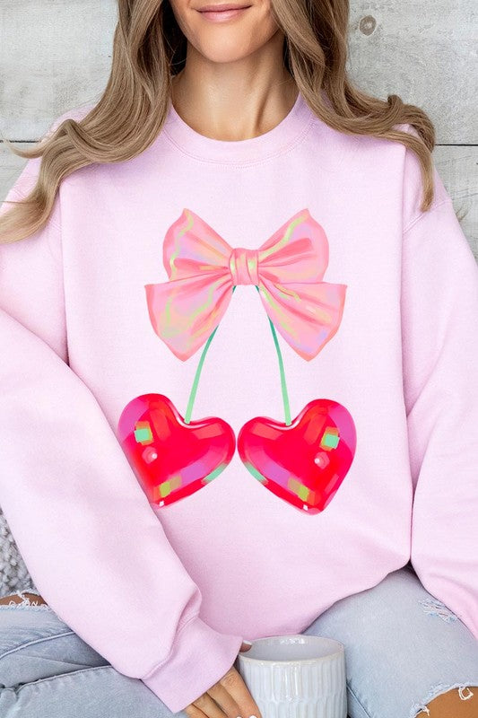 Color Bear LIGHT PINK / 2X Cherry Pink Bow Graphic Fleece Sweatshirts