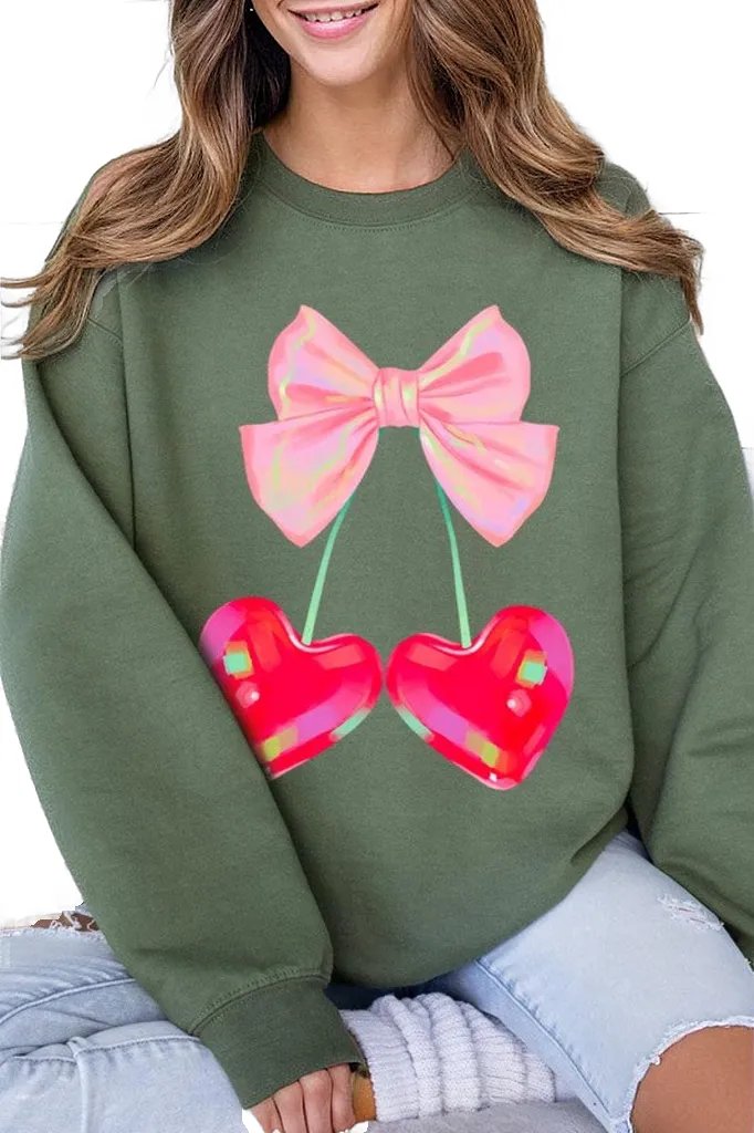 Color Bear MILITARY GREEN / 2X Cherry Pink Bow Graphic Fleece Sweatshirts