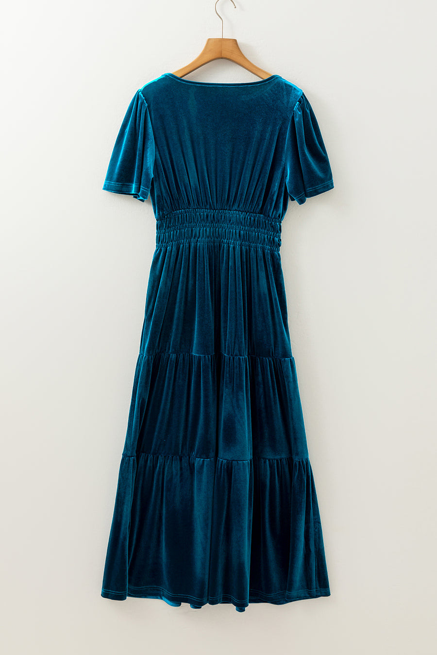 Evergreen Velvet Short Sleeve Shirred Waist Tiered Maxi Dress