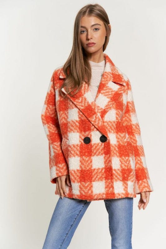 Orange / S Fuzzy Boucle Textured Double Breasted Coat Jacket
