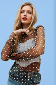 Sheer Bead and Pearl Embellished Long Sleeves Mesh Top