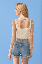 Davi & Dani Shirts & Tops Sheer Bead and Pearl Embellished Long Sleeves Mesh Top