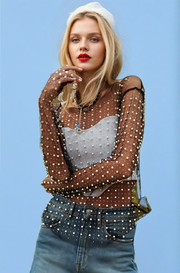 Sheer Bead and Pearl Embellished Long Sleeves Mesh Top