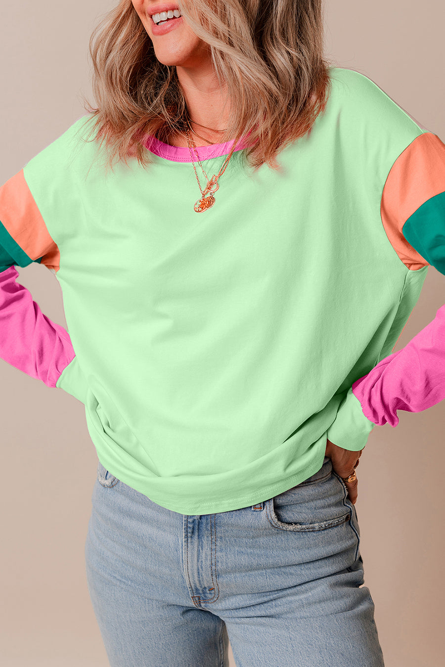 Green Colorblock Patchwork Long Sleeve Loose Top