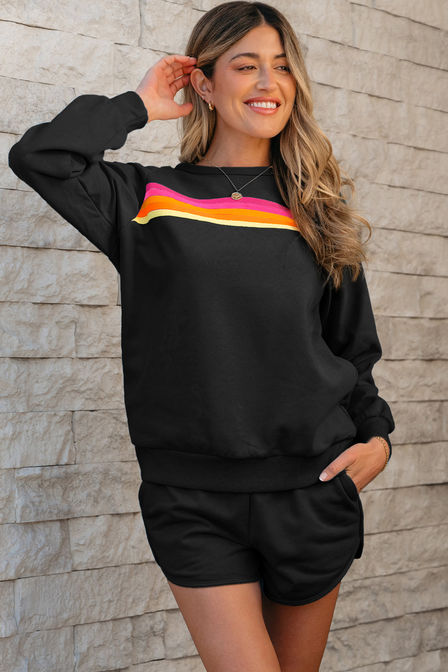 Bonbon Striped Accent Pullover and Shorts Two Piece Casual Set
