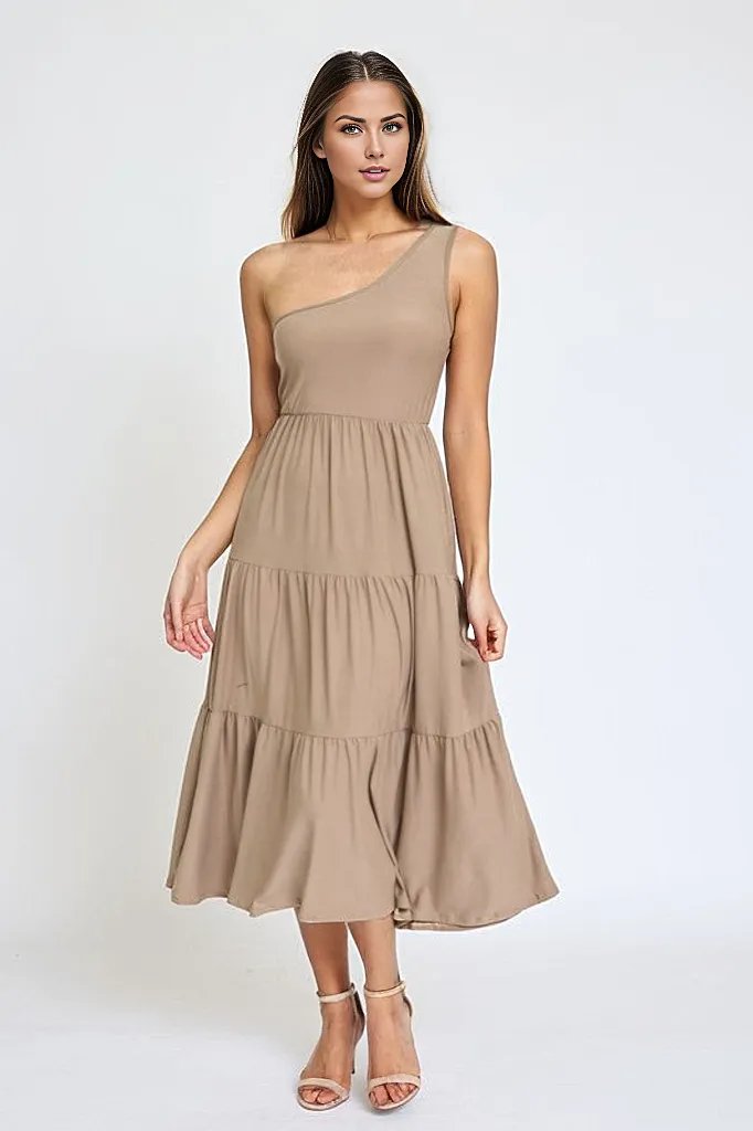 EG fashion Beige / S One Shoulder Ruffle Midi Dress