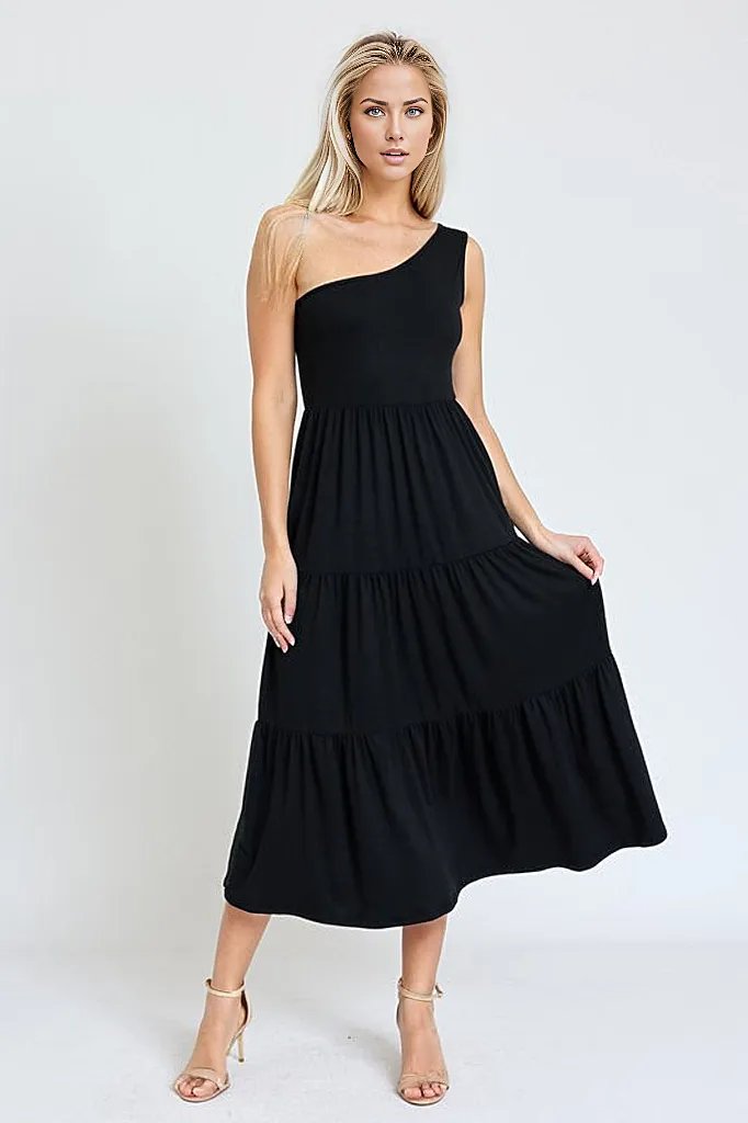 EG fashion Black / S One Shoulder Ruffle Midi Dress