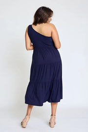 EG fashion Navy / S One Shoulder Ruffle Midi Dress