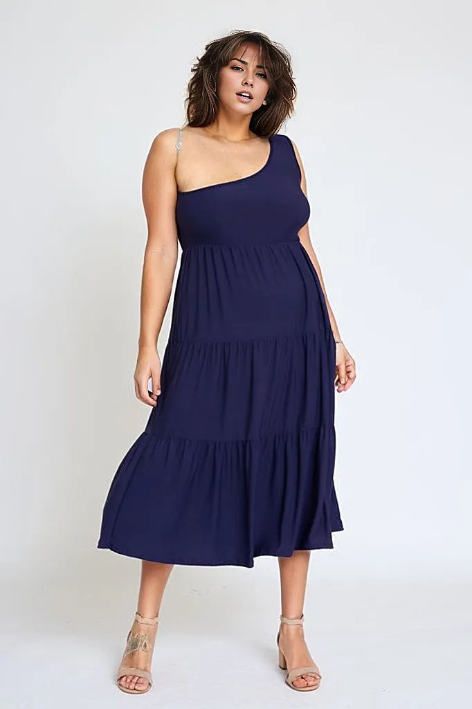 EG fashion One Shoulder Ruffle Midi Dress