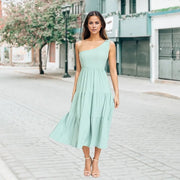 EG fashion sage / S One Shoulder Ruffle Midi Dress