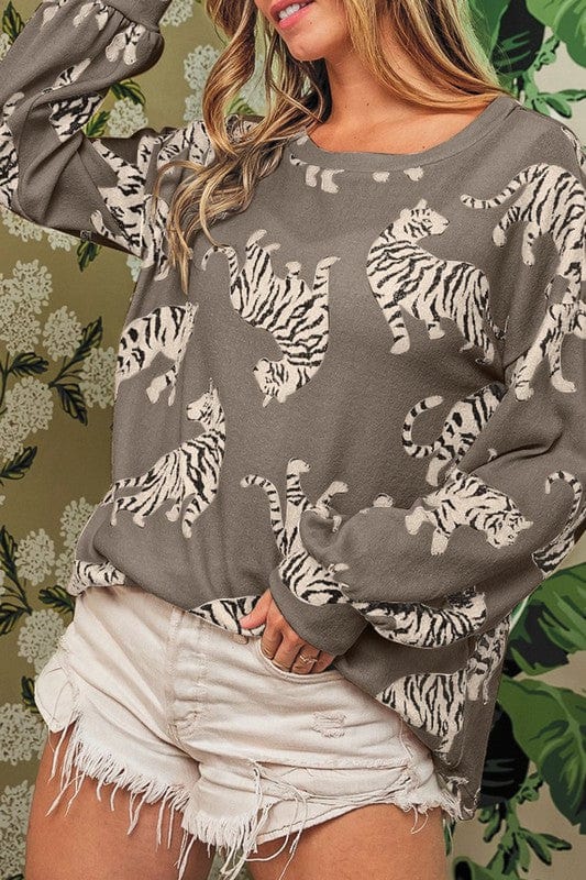 Taupe / S tiger animal print dolman sweatshirt pullover