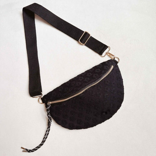 Ellison and Young Black / OS Embossed Daisy Blossom Belt Sling Bag