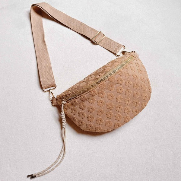 Ellison and Young Taupe / OS Embossed Daisy Blossom Belt Sling Bag