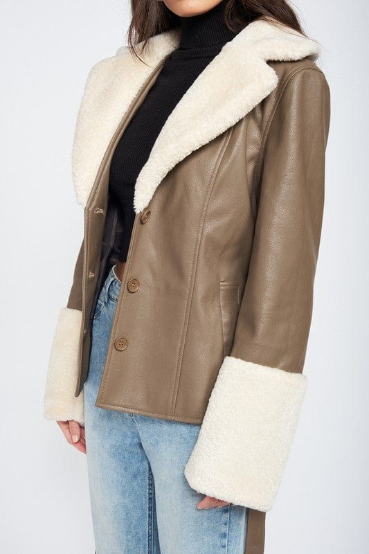 Coats & Jackets BELTED FAUX SHEARING TRIMMED JACKET