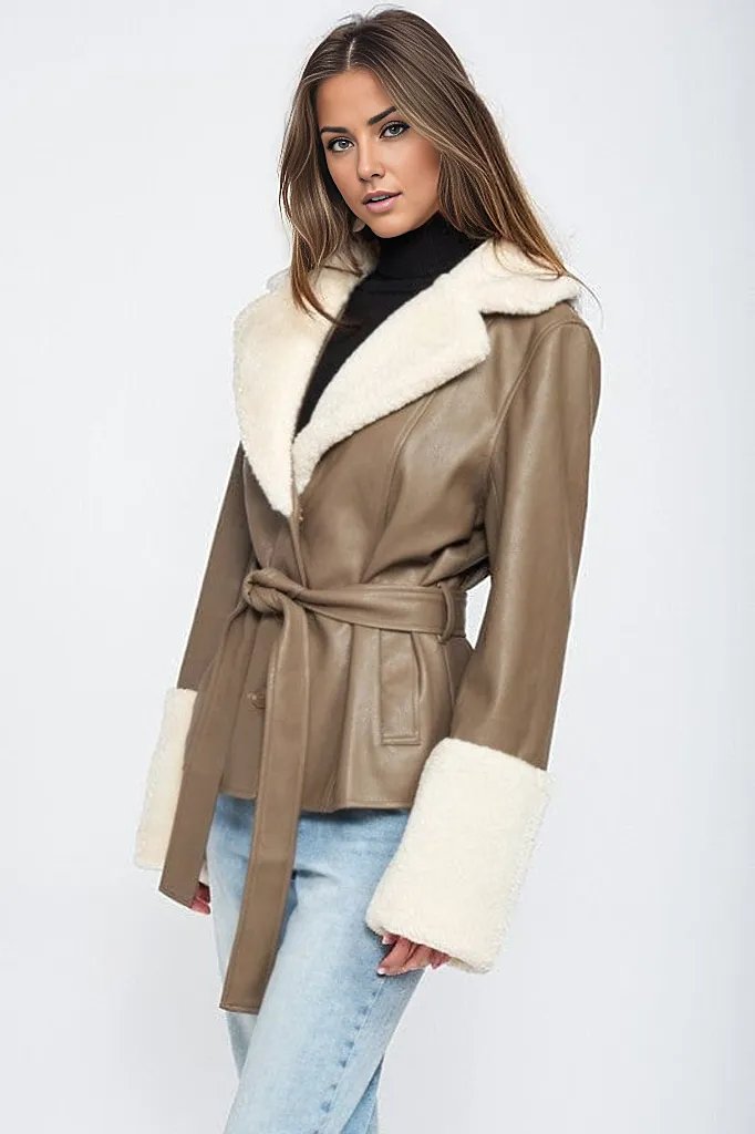 Coats & Jackets BELTED FAUX SHEARING TRIMMED JACKET