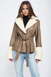 Coats & Jackets TAUPE / S BELTED FAUX SHEARING TRIMMED JACKET
