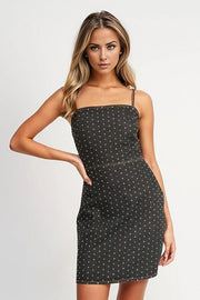 BLACK DENIM / S CINCHED WAIST RHINESTONE MINI DRESS