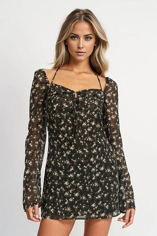 Dresses BLACK / S FLORAL LONG SLEEVE DRESS WITH HALTER DETAIL