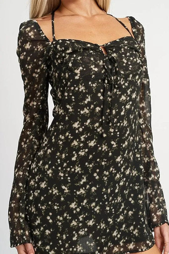 Dresses FLORAL LONG SLEEVE DRESS WITH HALTER DETAIL