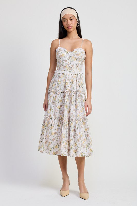 Emory Park Dresses LT YELLOW FLORAL / S MIDI FLORAL CORSET DRESS