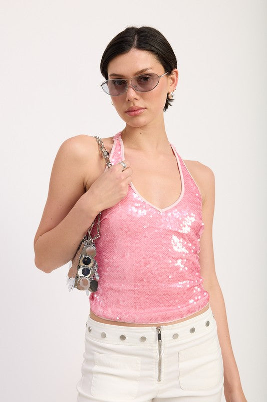 Emory Park SEQUIN HALTER TOP WITH CONTRAST TRIM