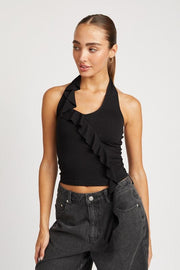 Emory Park Shirts & Tops BLACK / S RUFFLED HALTER TOP