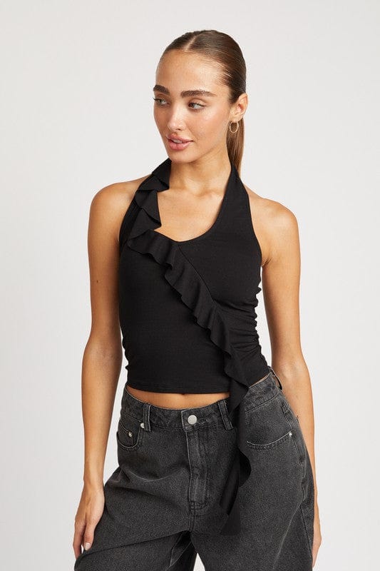 Emory Park Shirts & Tops BLACK / S RUFFLED HALTER TOP