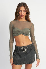 Shirts & Tops LT OLIVE / S CREW NECK RUCHED BUST CROP TOP