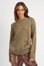 OLIVE / S DISTRESSED OVERSIZED SWEATER