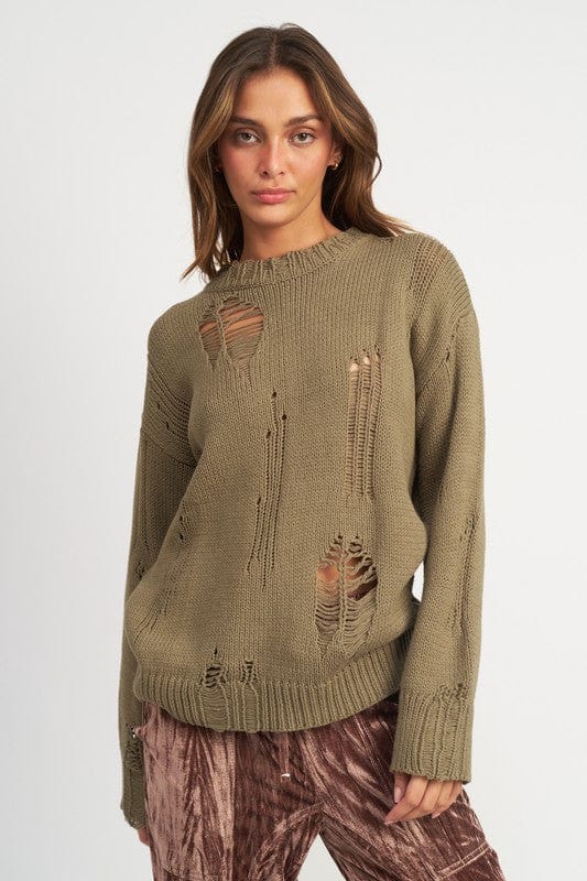 OLIVE / S DISTRESSED OVERSIZED SWEATER