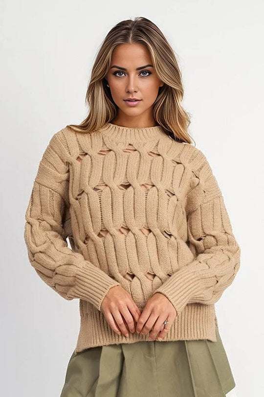 TAUPE / S OPEN KNIT SWEATER WITH SLITS