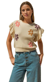 Round Neck Ruffle Sleeve Floral Graphic Knit Top