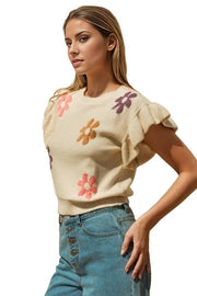 Round Neck Ruffle Sleeve Floral Graphic Knit Top