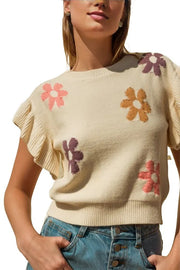 Round Neck Ruffle Sleeve Floral Graphic Knit Top