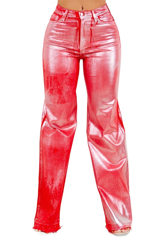 Constance Metallic Wide Leg Jean in Red