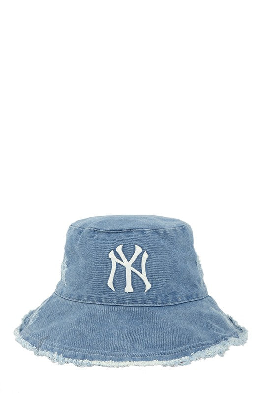 ICCO ACCESSORIES Hats LIGHT BLUE / OS Distressed Denim NY Bucket Hat with Wired Brim