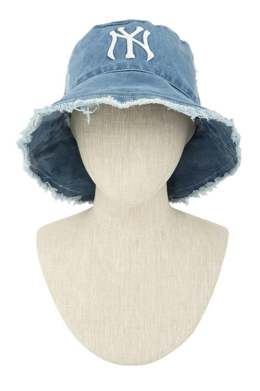 ICCO ACCESSORIES Hats LIGHT BLUE / OS Distressed Denim NY Bucket Hat with Wired Brim