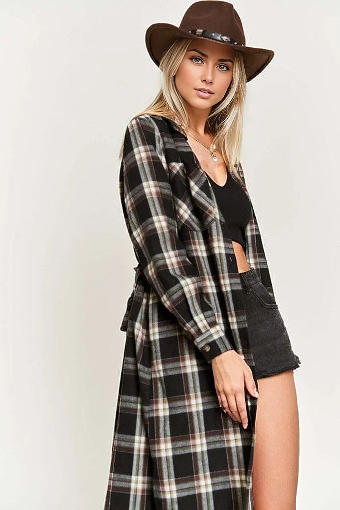 BLACK / 1X PLAID PRINT COLLAR LONG SHIRT DRESS PLUS