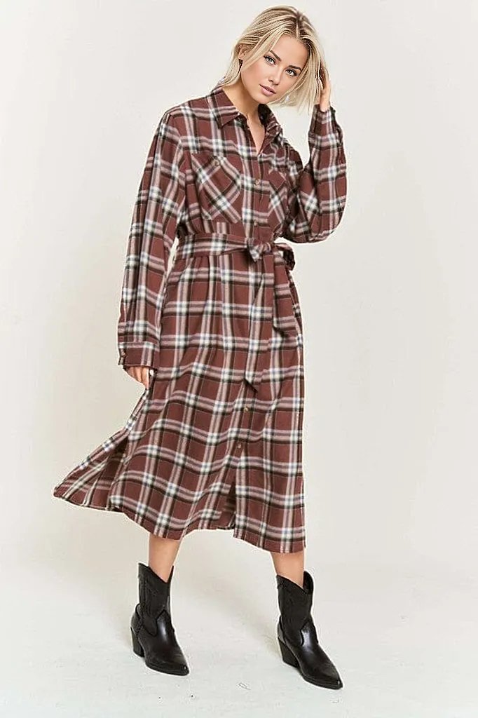 MAUVE / 1X PLAID PRINT COLLAR LONG SHIRT DRESS PLUS