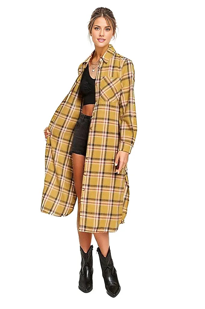 MUSTARD / 1X PLAID PRINT COLLAR LONG SHIRT DRESS PLUS