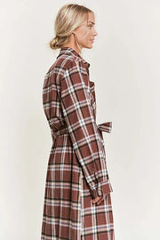 PLAID PRINT COLLAR LONG SHIRT DRESS PLUS