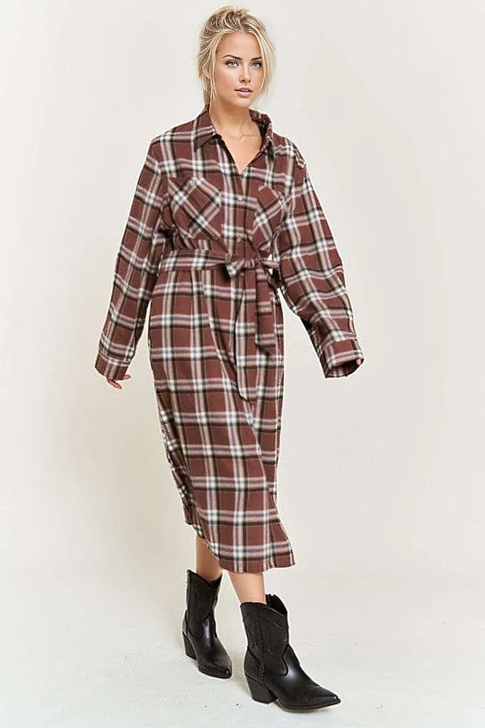 PLAID PRINT COLLAR LONG SHIRT DRESS PLUS