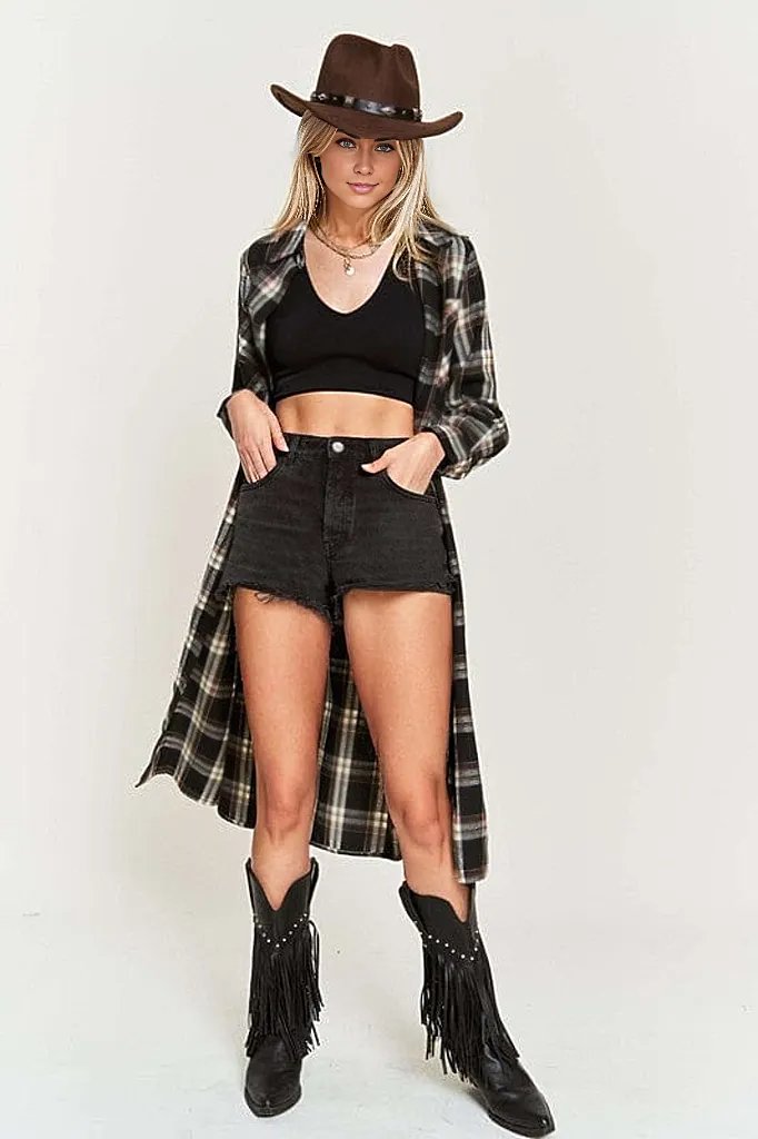 PLAID PRINT COLLAR LONG SHIRT DRESS PLUS