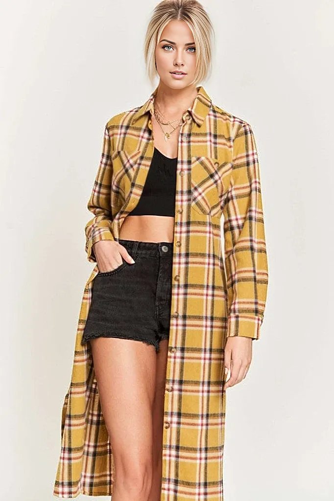 PLAID PRINT COLLAR LONG SHIRT DRESS PLUS