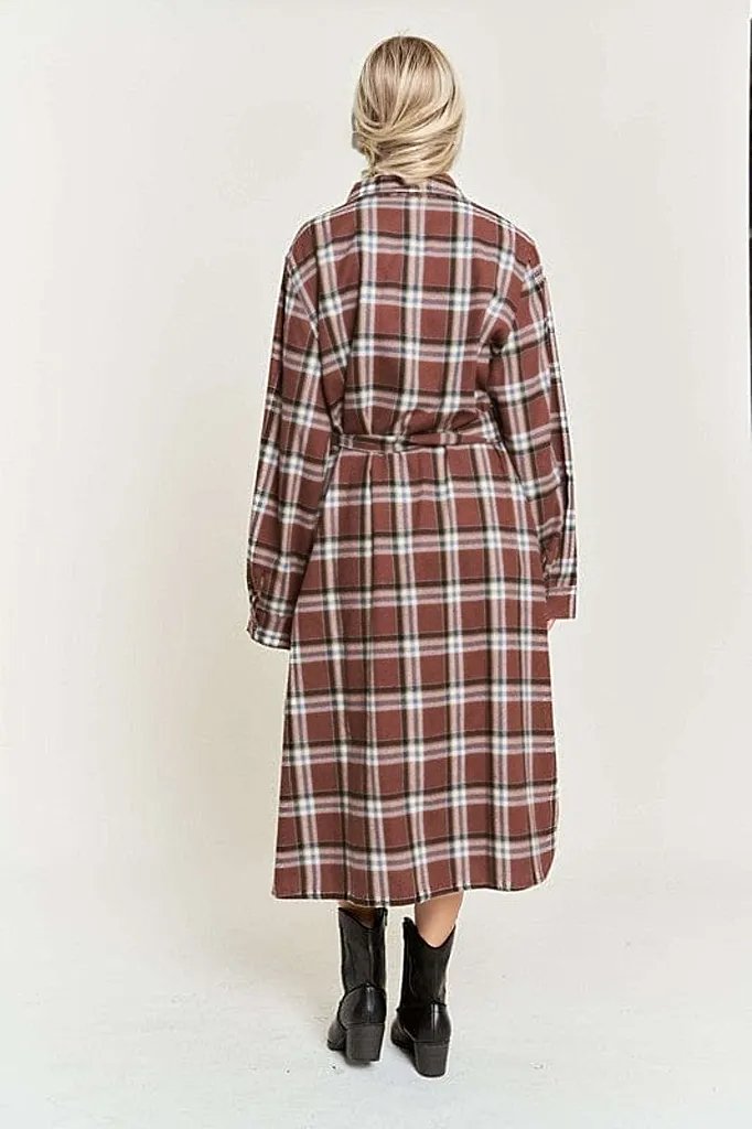 PLAID PRINT COLLAR LONG SHIRT DRESS PLUS